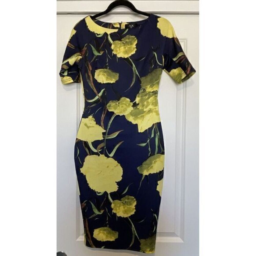 AX Paris Womens Blue Yellow Bold Floral Midi Bodycon Dress Sz 8